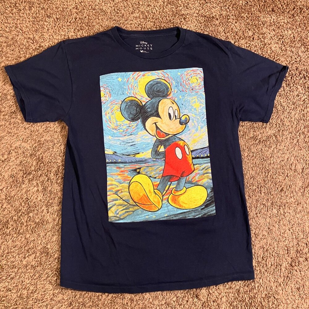 Disney Mickey Mouse Van Gogh Starry Night Sketch Design T-Shirt Mens Medium